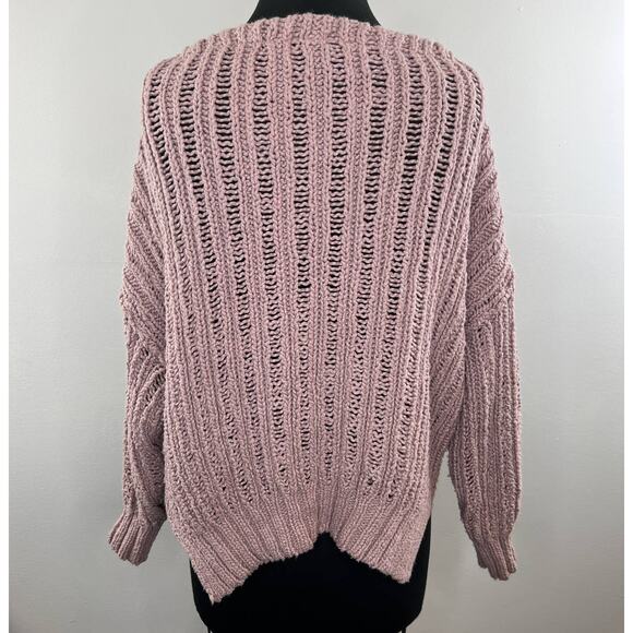 Free People Dusty Pink Mauve Open Knit Chunky V-Neck Oversized Tunic Sweater XS - Picture 4 of 6